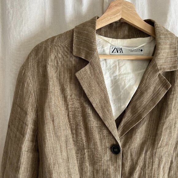 ZARA Linen Beige Striped Blazer Size M - Picture 10 of 11